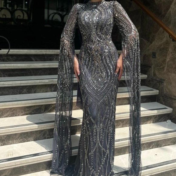 Gray Embroidered Dramatic Long Sleeve Gown - Picture 1 of 10